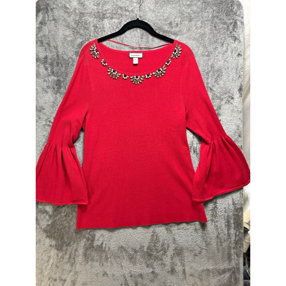 Charter Club Women’s Red Knit Rhinestone Bell Sleeve Top L Holiday Party